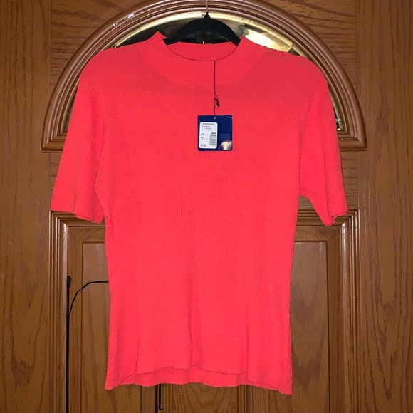 Vintage 90’s Andrea Viccaro Ribbed-Knit Mock Neck Short Sleeve Poppy Sweater Top - Picture 4 of 16